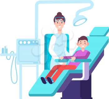 Dentist and kid patient. Doctor exams childs teeth in dental office. Dentistry, oral hygiene and stomatology vector concept. Kids dental, patient and doctor, specialist healthcare teeth illustration