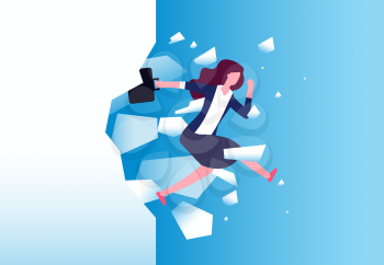 Businesswoman breaking wall. Strong woman jamps through barrier. Free people, action and overcome vector concept. Business female break wall, leadership power illustration
