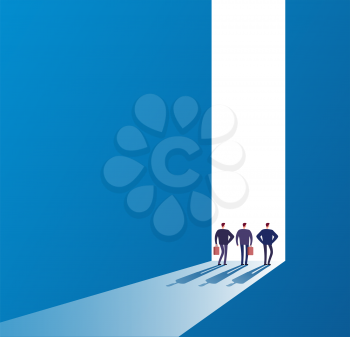 Businessmen at open door. Future path, new journey and successful ideas. Business unknown opportunities vector concept. Illustration of door future path, way to gate