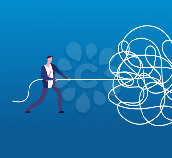Businessman unraveling tangled rope. Difficult problem, chaos and mess vector business concept. Illustration of businessman with problem, solution and tangled cable