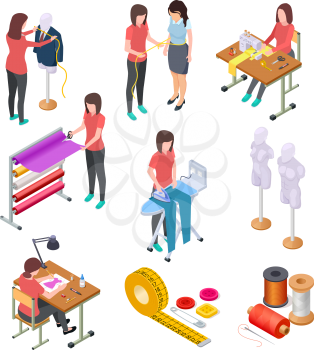 Sewing factory isometric set. Textile clothing manufacturing with workers and machinery. Industrial sewing 3d collection. Tailoring and designer, mannequin and seamstress handmade illustration