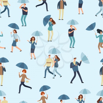 People holding umbrella, walking outdoor in rainy spring or fall day. Man, woman in raincoat seamless pattern. People pattern seamless with umbrella illustration