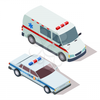 Ambulance and police cars 3d isometric vector isolated on white background illustration