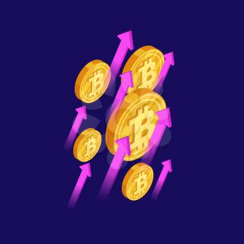 Bitcoin and cryptocurrency growth isometric vector concept. Crypto money bitcoin, finance cryptocurrency and blockchain, growth financial illustration