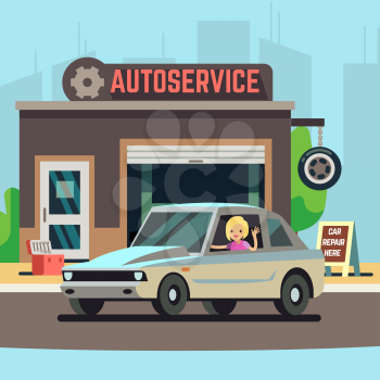 Blonde happy woman driver on car service station or repair garage flat illustration
