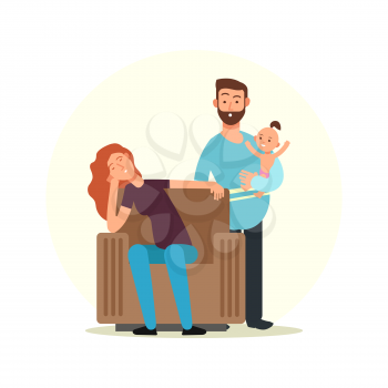 Cartoon character family. Tired mom and dad with daughter on hands vector illustration. Mother father and daughter