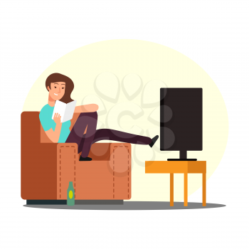 Cartoon woman rest on chair with book, tv and beer bottle vector illustration. Woman rest with book, girl character on sofa