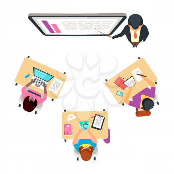 Classroom top view with international students. Adult studying vector concept. Illustration of university or school education and training