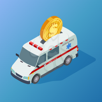 Commercial medicine vector concept with isometric ambulance and dollar coin illustreation