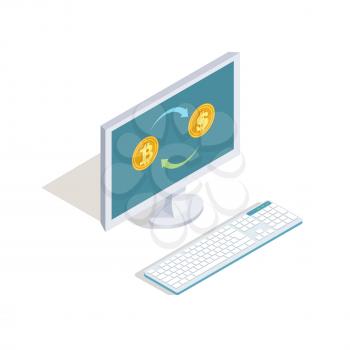Exchange dollars for bitcoins online vector concept. Isometric 3d finance, internet banking illustration isolated on white with shadow