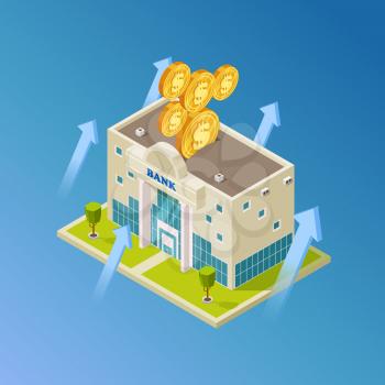 Financial, business, banking vector concept. Isometric 3d bank building, coins illustration