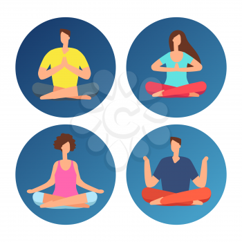 Icons with meditation people in lotus position isolated on white. Vector illustration