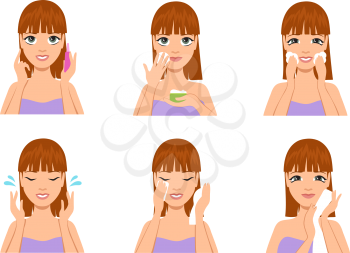 Woman skin care. Cartoon beautiful girl cleaning and washing face with water and soap after makeup. Beauty body treatment vector set. Illustration of makeup beauty for woman, soap lotion