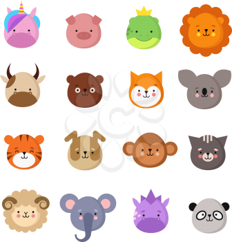 Cute animals faces. Dog and cat, cow and fox, unicorn and panda. Animal kid emoji. Kawaii zoo vector collection of sheep and monkey, cat and tiger, koala and bear illustration