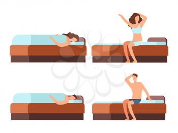 Sleeping and wake up man and woman in cozy bed cartoon character. Vector illustration