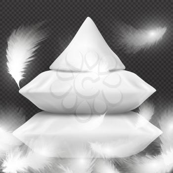 White realistic pillows and flying feathers isolated on transparent background. Vector illustration