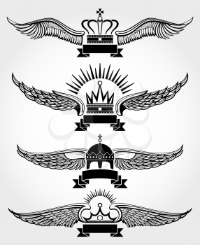 Vector winged crowns and ribbons royal logo templates set in black white illustration