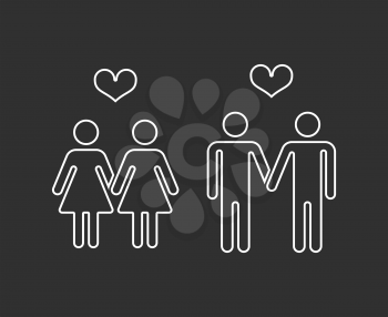 Vector gay pairs in love thin line icons. Homosexual love couple marriage illustration