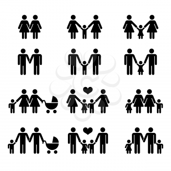 Vector gay family with children icons white. Illustration mother and mom with kid