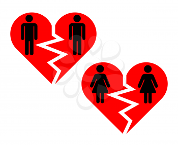 Broken heart gay pairs icons. Broken love social, vector illustration