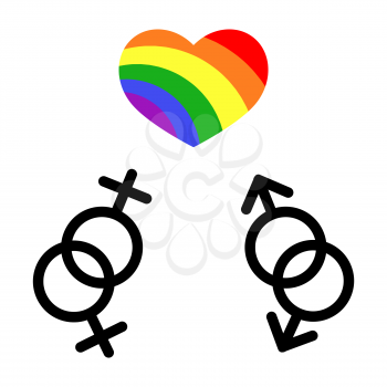 Vector gay LGBT rainbow heart and love symbols. Lesbian and homosexual love icon illustration
