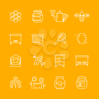 Honey apiary vector thin line icons set. Honeycomb and bee, beehive illustration
