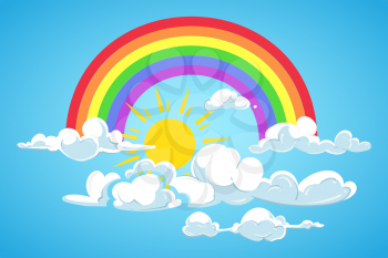 Vector sun, rainbow and clouds blue sky. Illustration of nature summer background