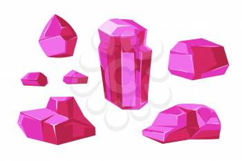 Pink vector crystals white background for mobile games apps. Set of element for gui illustration