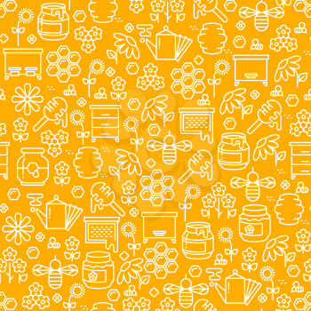 Honey thin line vector seamless pattern. Background with beehoney and apiary illustration