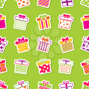 Vector gift boxes green seamless pattern. Background with colored gifts illustration