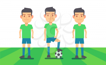 Three soccer players on green field vector illustration. Sport team player