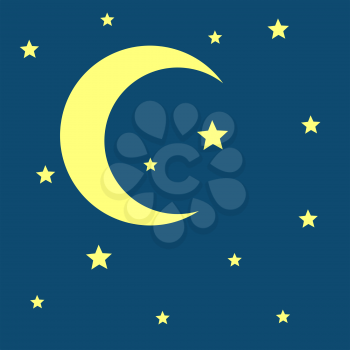 Vector crescent moon and stars night icon. Nature moonlight illustration