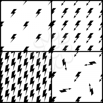 Set of vector lightning seamless patterns in black and white. Collection of backdrop with flash bolt illustration