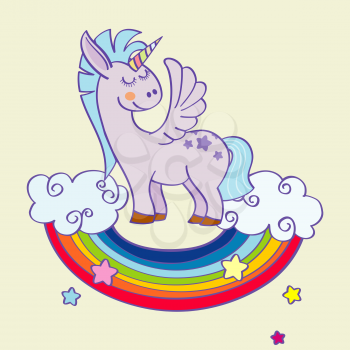 Vector winged unicorn standing on a rainbow with clouds. Mythology magical animal with horn illustration