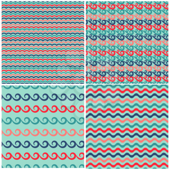 Set of swils and waves seamless patterns in retro colors. Illustration of collection backgrounds