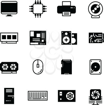 Computer hardware, hdd memory, ram, microchip, cpu vector icons. Component hardware computer, device microchip and hdd memory disk for computer illustration