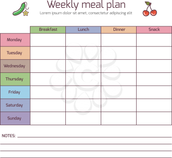 Weekly meal plan, mealtime vector diary. Meals schedule, week food template vector illustration