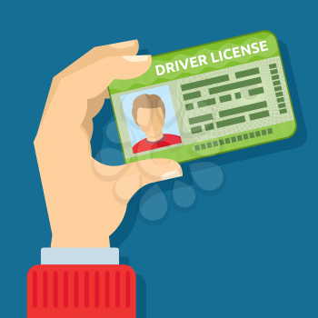 Hand holding id card, car driving licence vector illustration. Driver with license to driving car