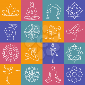 Yoga, body poses vector symbols for pilates studio, meditation class. Body position for yoga, set of sign for yoga gym illustration