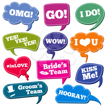 Weddings phrases in speech bubbles vector photo props set. Color speech bubbles with phrases for wedding illustration