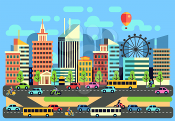 Urban, city traffic landscape with moving passenger transport vehicles, cars, scooter, motorcycle on highway. Transport traffic in city. Vector illustration