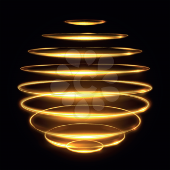 Gold circle light tracing effect, glowing magic 3d sphere vector illustration. Glowing magic bright neon, effect glowing energy element