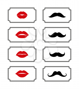 Ladies and gentlemen bathroom symbols. Vector lips and mustache. Female and male element illustration