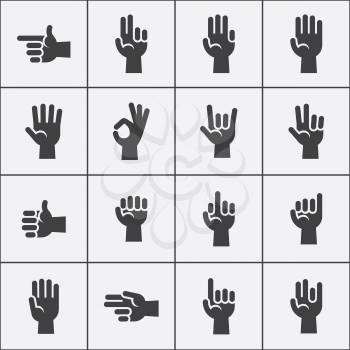 Hands gestures vector icons set in black and white. Illustration of thumb and touch