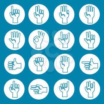 Hands gestures vector icons set blue. Illustration of symbol of human hand