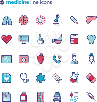 Medicine and medical equipment line vector icons with flat elements. Medical tool for laboratory, illustration medical icon