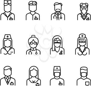 Doctor icons, nurse symbols, medical professionals vector avatars. Surgeon with stethoscope, woman physician illustration