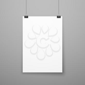 Realistic blank white paper poster hanging on wall vector mockup. Template page of banner for exhibition illustration