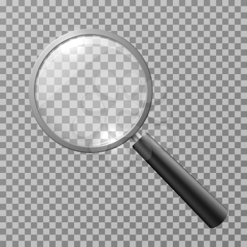Realistic magnifying glass isolated on checkered background vector illustration. Magnifying glass object for zoom and tool with lens for magnifying