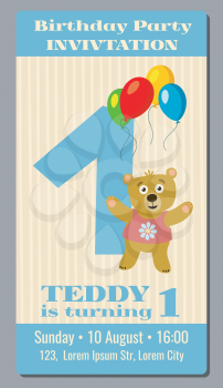 Birthday party invitation card with cute bear vector template 1 year old. Invitation to party first birthday, illustration banner invitation with bear
